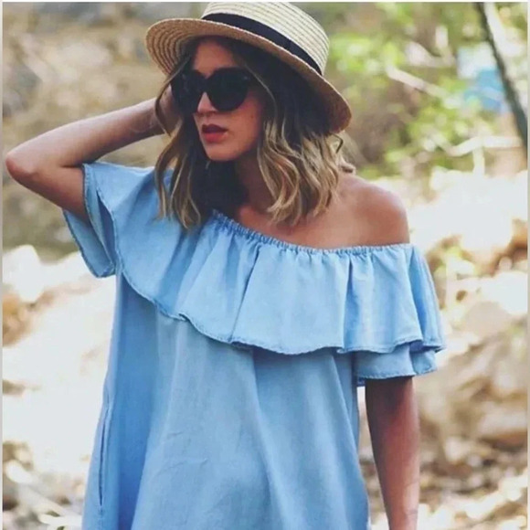 Zara Chambray Off the Shoulder Ruffle Mini Dress Shirt in light denim Blue Sz S - Picture 1 of 9